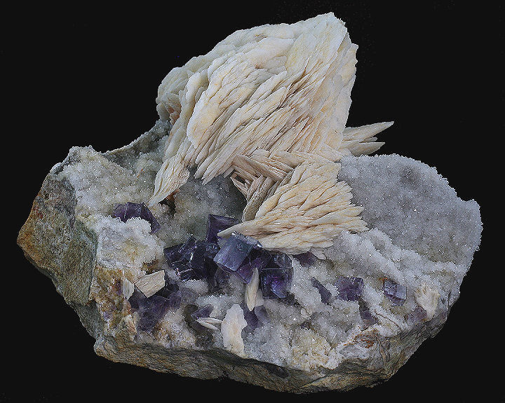 Fluorite and Barite over Quartz Druse on Matrix