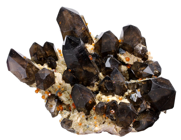 Spessartine Garnets with Smokey Quartz on Orthoclase