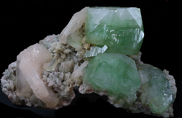 Dark Green Fluorapophyllite Crystals and Stilbite
